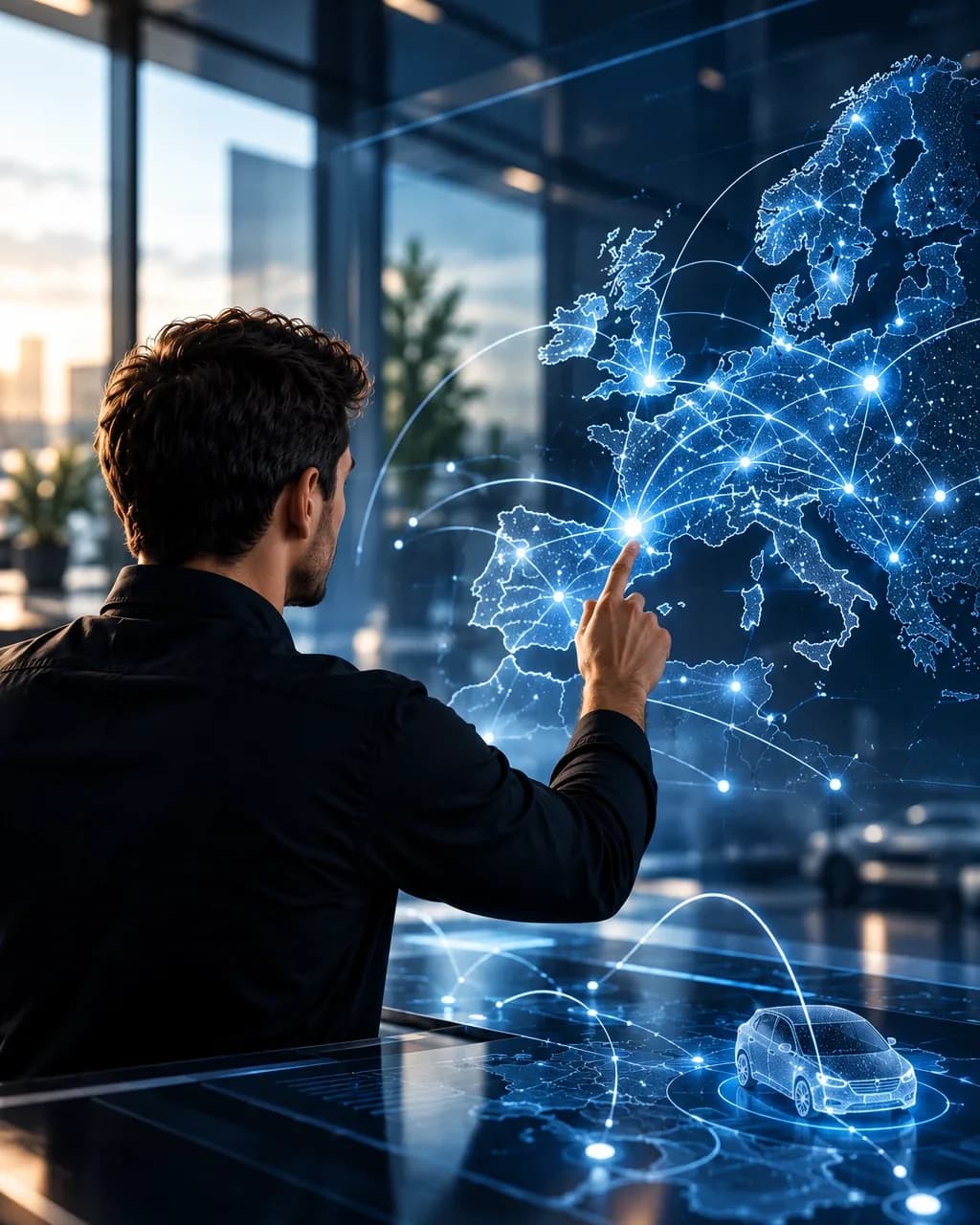 Illustration: person pointing at a glowing, networked map of Europe, with the light outline of a vehicle on the table in front