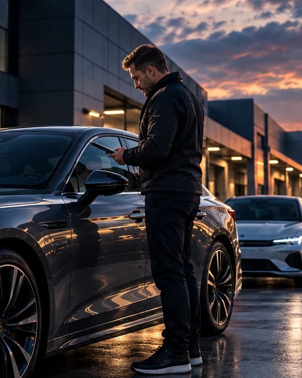 Vehicle transfer provider checks a car outside a dealership