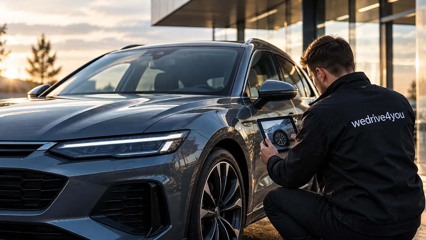 Illustration: driver in a wedrive4you jacket kneeling beside a dark grey vehicle and photographing it with a tablet outside a dealership