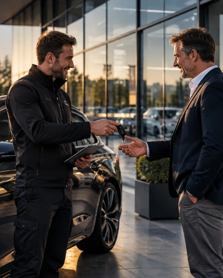 Illustration: handing over the key of a vehicle outside a dealership