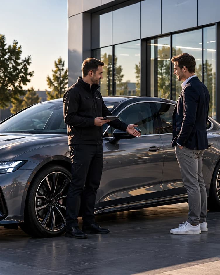 Two people discussing a vehicle handover outside a dealership