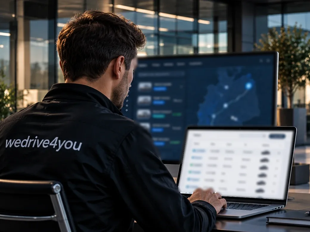 Illustration: person in a wedrive4you jacket working at a laptop and monitor showing schematic order overviews and a map